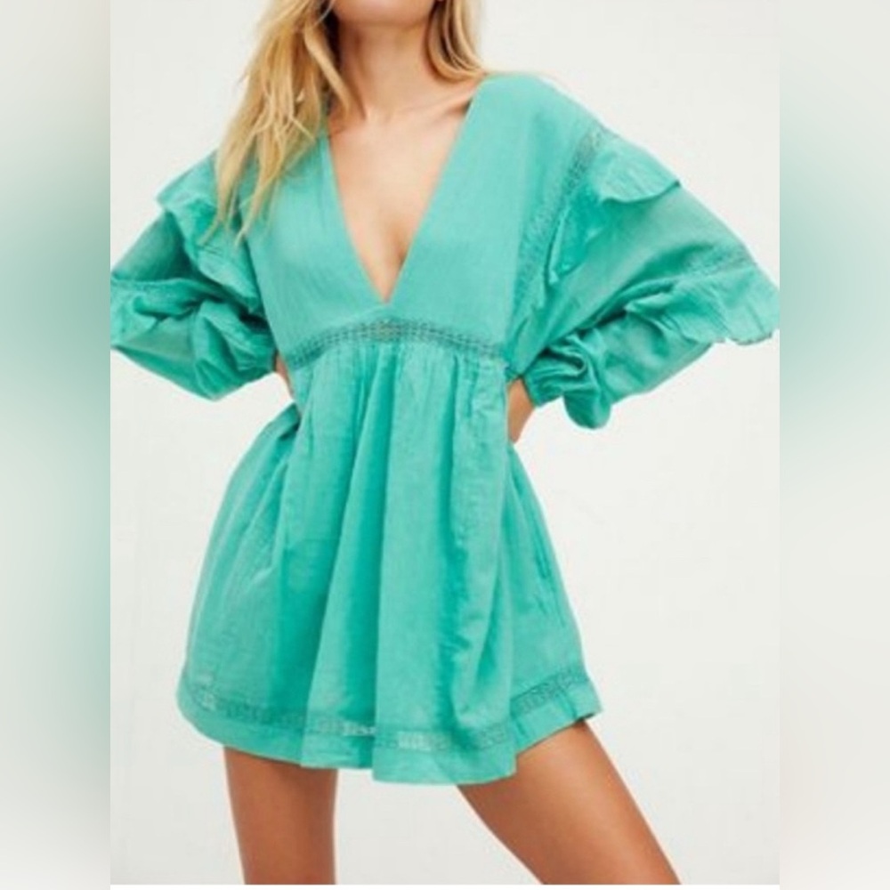Free People Seashell Skort Romper Lace Long Sleeve V Neck Ruffle Boho Dress - Picture 9 of 9